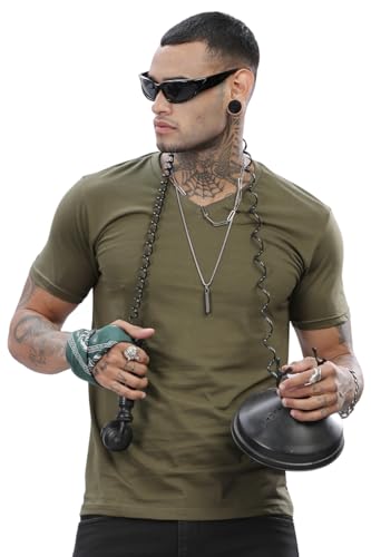 ADRO Mens V Neck Solid Cotton T-Shirt (VN-M-PLN-OL_Olive_M)