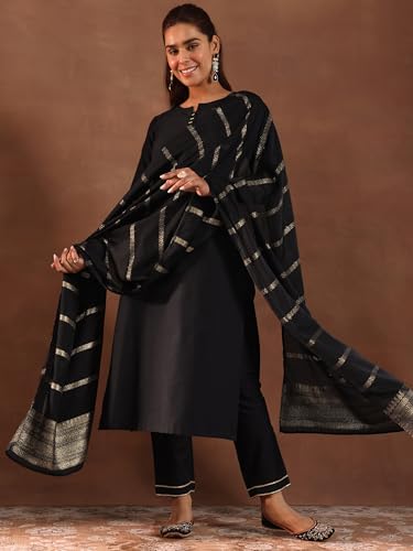 Libas Gerua Womens Solid Silk Blend Straight Kurta With Trousers And Dupatta
