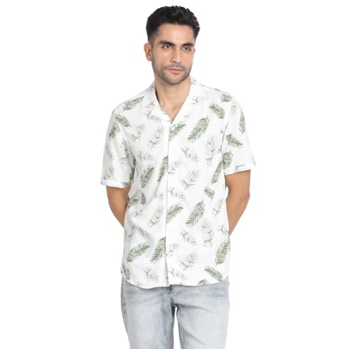 Turtle Men 100% Rayon White Printed Slim Fit Casual Shirt