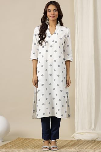Aurelia Women’S Geometric Printed Straight Pure Cotton Kurta | Lightweight V-Neck Kurta For Women Cotton | Yarn Dyed Kurta For Women | Soft & Breathable Regular Fit Kurta For Women