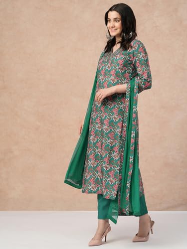 ANNI DESIGNER Womens Rayon Blend Straight Printed Kurta with Pant & Dupatta (Shaniya Green-NW_XL_Green_X-Large)