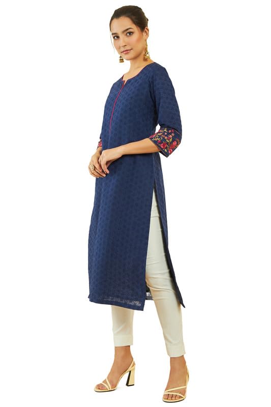 Soch Womens Navy Blue Cotton All-Over Thread Embroidered Straight Kurta