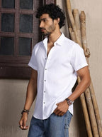 Thomas Scott Regular Fit Self Design Textured Cuban Collar Casual Shirt for Mens White