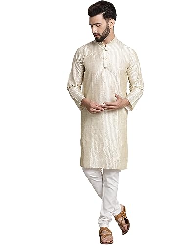 Sojanya (Since 1958 MenS Silk Blend Cream Pintex Kurta And White Churidar Pyjama Set