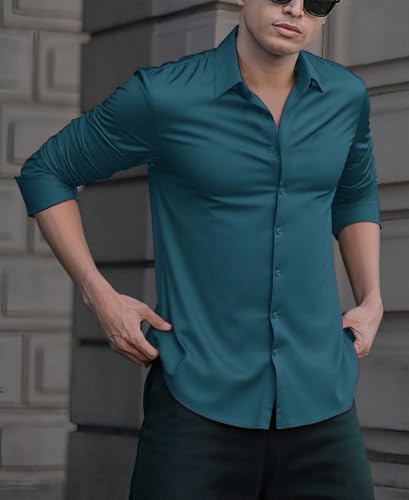 Indoprimo MenS Casual Button Down Long Sleeve Satin Plain Shirt Rama