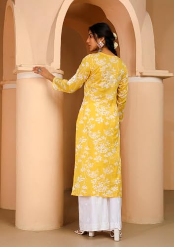 ANNI DESIGNER Womens Cotton Blend Chikankari Embroidered Straight Kurta (Zainab Yellow_M_Yellow_Medium)