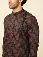 Manyavar MenS Midnight Black Floral Patterned Angrakha Style Kurta