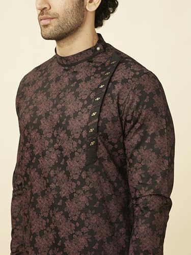 Manyavar MenS Midnight Black Floral Patterned Angrakha Style Kurta