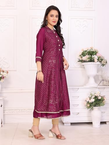 Rangita Wine Polyester Anarkali Printed Calf Length Kurti | Kurta For Women