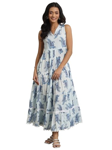 White Paisley Printed Fit And Flare Sleeveless Dress