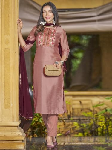 Sanisa Women'S Art Silk Embroidery Straight Kurta With Pant And Gota Lace Work Dupatta