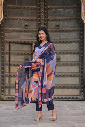 ANNI DESIGNER Womens Cotton Blend Straight Printed Kurta with Pant & Dupatta (KHISSU NAVY BLUE_S_Navy Blue_Small)