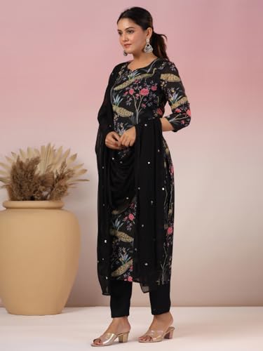 ANNI DESIGNER Womens Rayon Blend Printed Straight Kurta with Pant & Dupatta (Geto Black-NW_S_Black_Small)