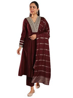 Gerua By Libas Womens Embroidered Silk Blend A-Line Kurta With Trousers And Dupatta
