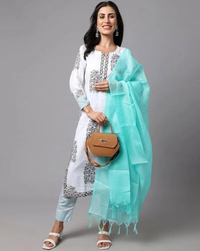 Tee Projekt WomenS Cotton Blend Sweetheart Neck Straight Kurta Pant With Dupatta Set Sea Green