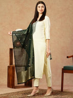 ANNI DESIGNER Womens Cotton Blend Embroidered Straight Kurta with Pant & Dupatta (KAJ50 Cream_XL_Cream_X-Large)