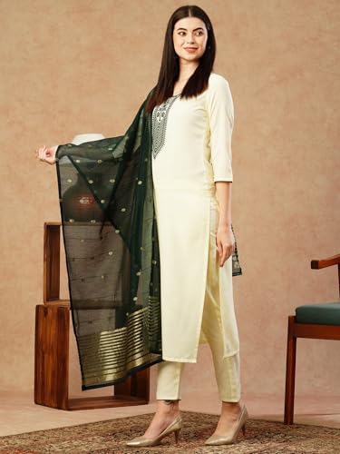 ANNI DESIGNER Womens Cotton Blend Embroidered Straight Kurta with Pant & Dupatta (KAJ50 Cream_XL_Cream_X-Large)