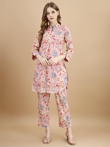 Womanista Women'S Multi Coloured Pure Cotton Floral Printed Tunic With Trouser Co-Ord(Co-Ords_9077)