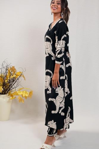 ANNI DESIGNER Womens Cotton Blend Straight Printed Kurta with Pant (Lanka-Black-NS_XXL_Black_XX-Large)