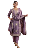 Libas Womens Embellished Chinon Straight Kurta With Trousers and Dupatta