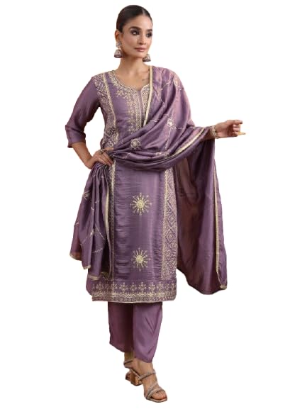 Libas Womens Embellished Chinon Straight Kurta With Trousers and Dupatta