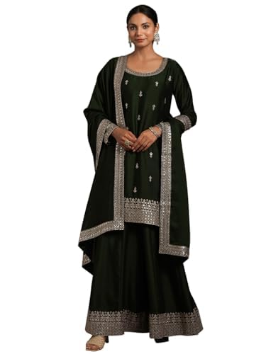 Libas Womens Embroidered Silk Blend Straight Kurta With Palazzos And Dupatta