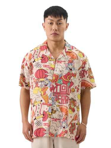 The Souled Store Official Tom & Jerry: New Year Men And Boys Short Sleeve Collared Neck Button Front Regular Fit Cotton Printed 