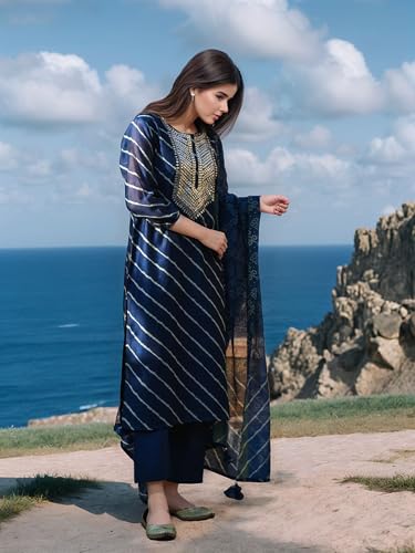 Anni Designer Women'S Rayon Viscose Straight Leheriya Printed Kurta With Pant & Dupatta