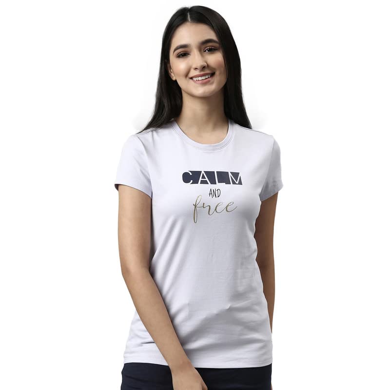 Enamor Essentials Short Sleeve Round Neck Slim Fit Stretch Cotton Tshirt for Womens-E147 (E147_Lilac Iris/Calm Graphic_S)
