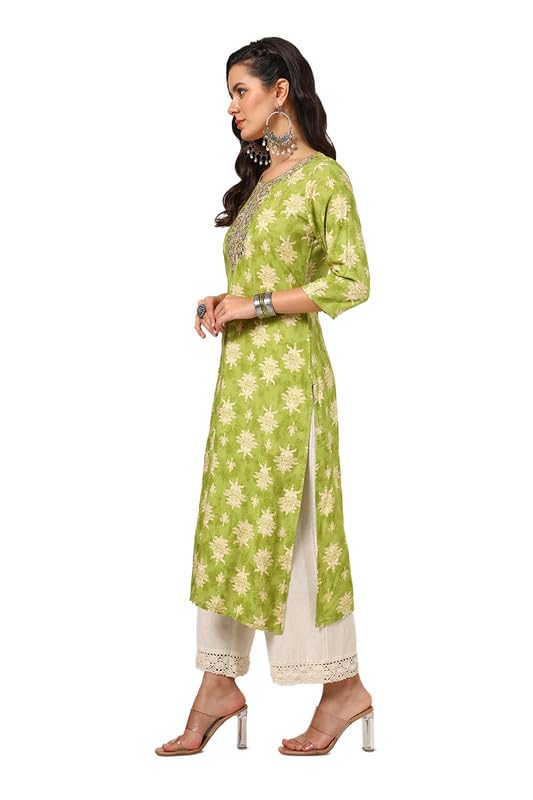 Soch Womens Olive Rayon Botanical Print Kurta with Gotta Patti