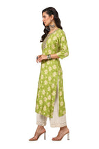 Soch Womens Olive Rayon Botanical Print Kurta with Gotta Patti