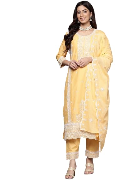 Varanga Women Peach Chikankari Embroidered Sequins Embellished Kurta With Bottom And Dupatta