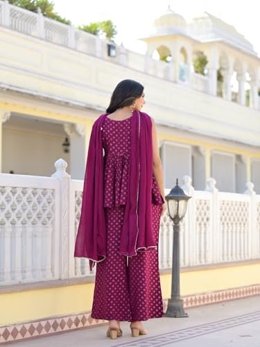 Stylum Women'S Ethnic Motifs Printed Rayon Sleeveless Kurta Palazzo Dupatta Set (Kpdwinesamia_Wine)