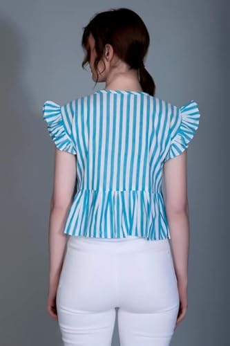 Leriya Fashion WomenS Western Crop Tops | Fancy Stripped With Ruffle Sleeves | Button Down Lightweight Cotton For Girls | Suita
