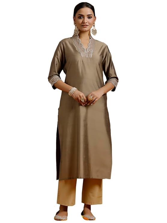 Gerua By Libas Womens Embroidered Silk Straight Kurta For Women