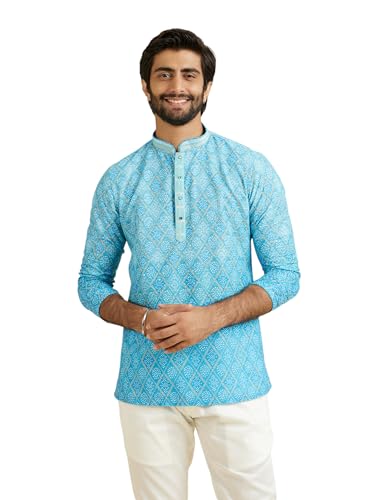 Manyavar MenS Cotton Blend Bandhani Print Short Kurta(Light Blue,Xl)