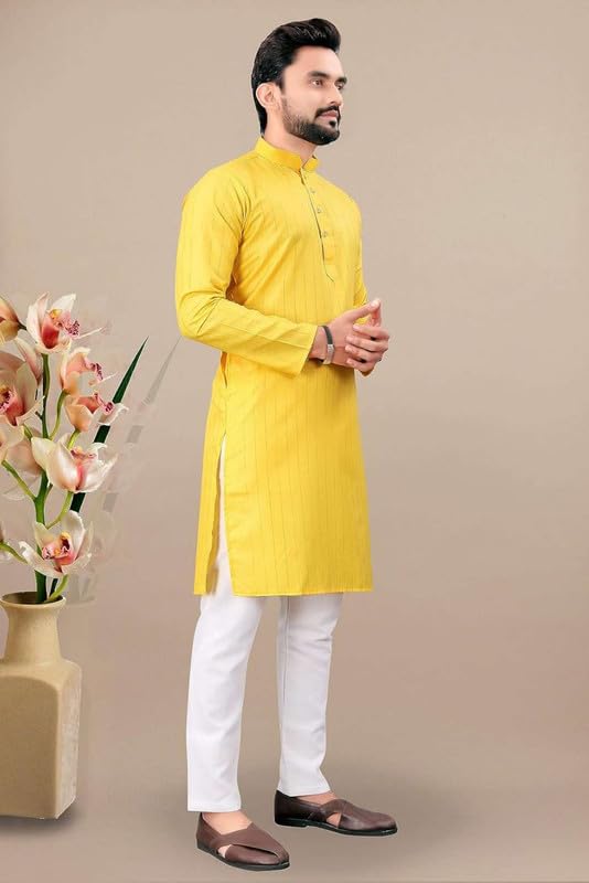Fashion Gallery MenS Solid Pattern Polycotton Kurta With Long Sleeve Round Neck Knee Length And Pull On Closure Type|Men Kurta