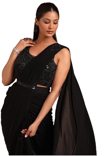 Soch Women Nylon Blend Solid Ready-to-Wear Saree with Beads and Stones
