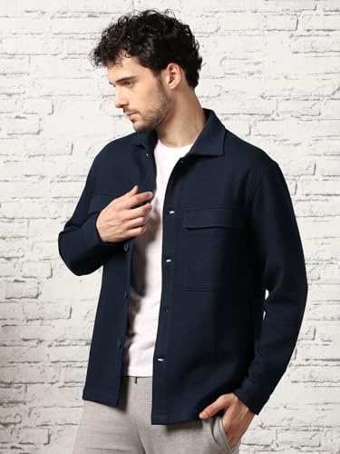 Nobero Polyester MenS Self Design Relaxed Fit Standard Length Jacket (1M-Twjk-R0005_Midnight Blue