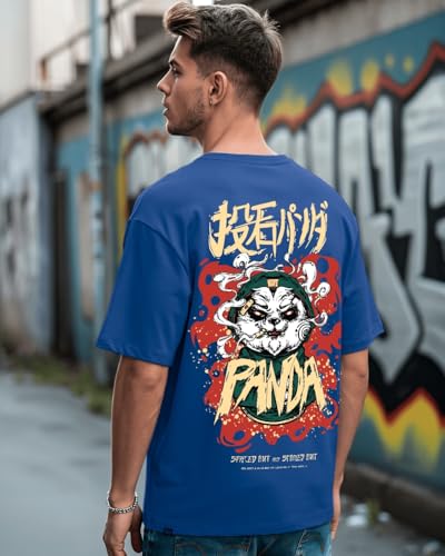 Bewakoof MenS Stoned Panda Graphic Printed Cotton T-Shirt - Oversized Fit, Round Neck, Half Sleeves_592041_Blue_M