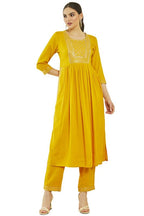 Soch Womens Mustard Rayon Slub Sequin Embroidered Nyra Cut Kurta Sets