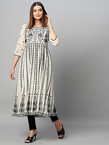 ANNI DESIGNER Womens Cotton Blend Anarkali Chikankari Embroidered Kurti (Dori Kali White_S_White_Small)