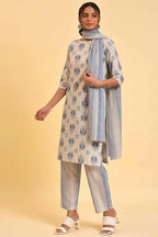 W For Woman Ecru Bird Printed Kurta, Straight Pants And Dupatta Set (Size: Xl)-23Fews19769-122416