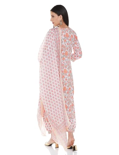 Klosia Women Viscose Block Printed Kurta And Pant With Dupatta Suit Set (Medium), Peach