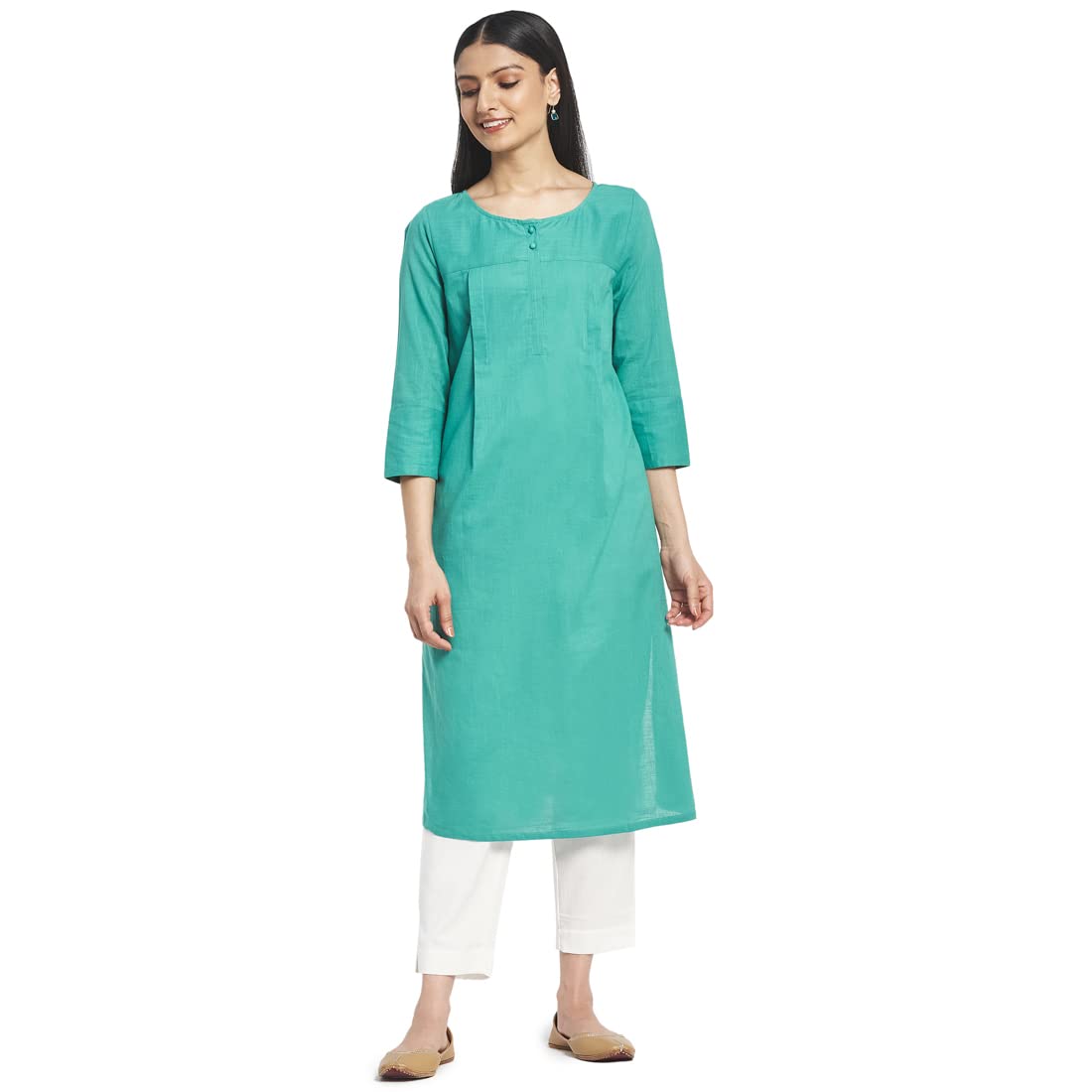 Fabindia Women Woven Round Neck Long Kurta Cotton Straight Fit_Xs Green