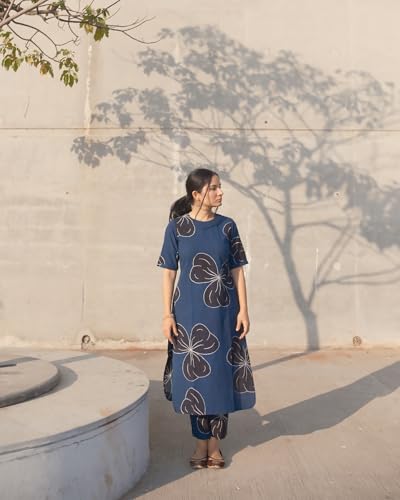 ANNI DESIGNER Womens Rayon Viscose Straight Printed Kurta with Pant (Kamo Blue_S_Blue_Small)