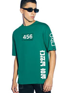 Bewakoof Official Squid Game Merchandise MenS Typography Oversized Fit Half Sleeve Round Neck Cotton Jersey T-Shirt_655110_Gree