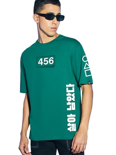Bewakoof Official Squid Game Merchandise MenS Typography Oversized Fit Half Sleeve Round Neck Cotton Jersey T-Shirt_655110_Gree