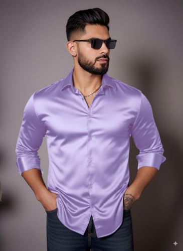 Indoprimo MenS Stylish Solid Satin Casual Shirt For Men Full Sleeve Lavender