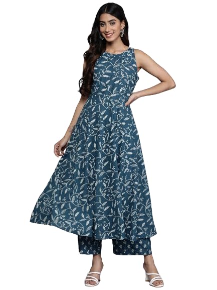 Varanga Women Blue Floral Printed Anarkali Kurta Paired With Tonal Bottom